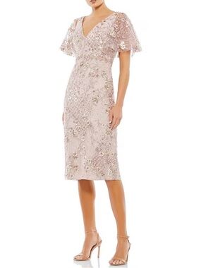 Mac Duggal Blush Embroidered Lace Midi Dress